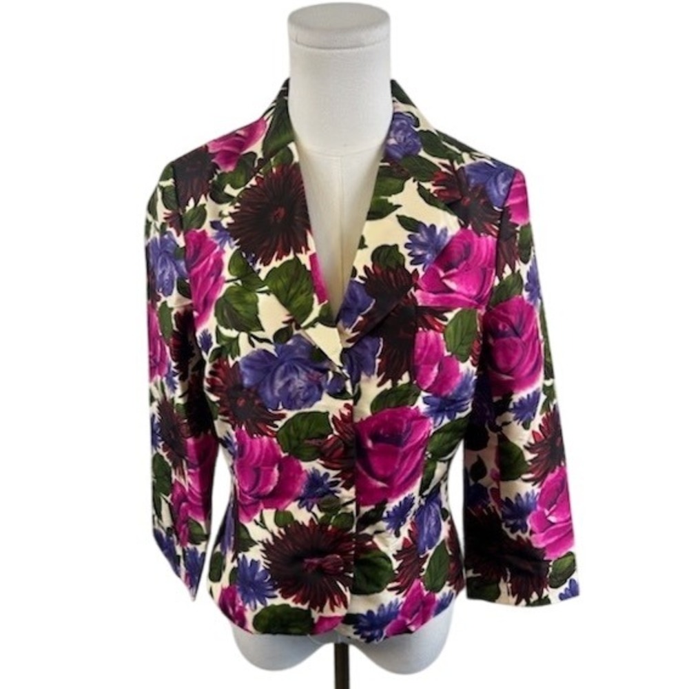 New Tibi Y2K Floral Print 100% Silk Blazer Jacket Pink Purple Women's Size Small